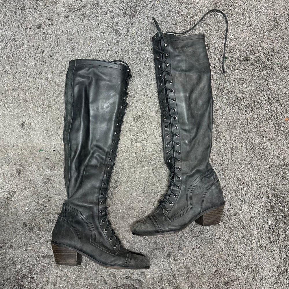 Jeffrey Campbell Free People Joe Lace Up Knee High Boots Black Leather Size 8M